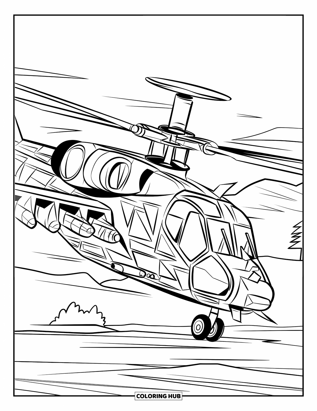 Desenho de helicóptero para colorir para adultos: Um helicóptero moderno com padrões marcantes e rotores giratórios voa sobre a água com montanhas ao fundo