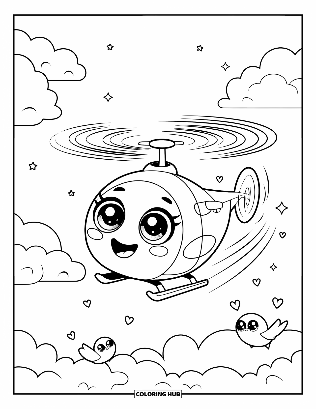 Desenho de helicóptero para colorir para adultos: Um helicóptero redondo e rechonchudo com olhos brilhantes voa por nuvens fofas e pássaros brincalhões