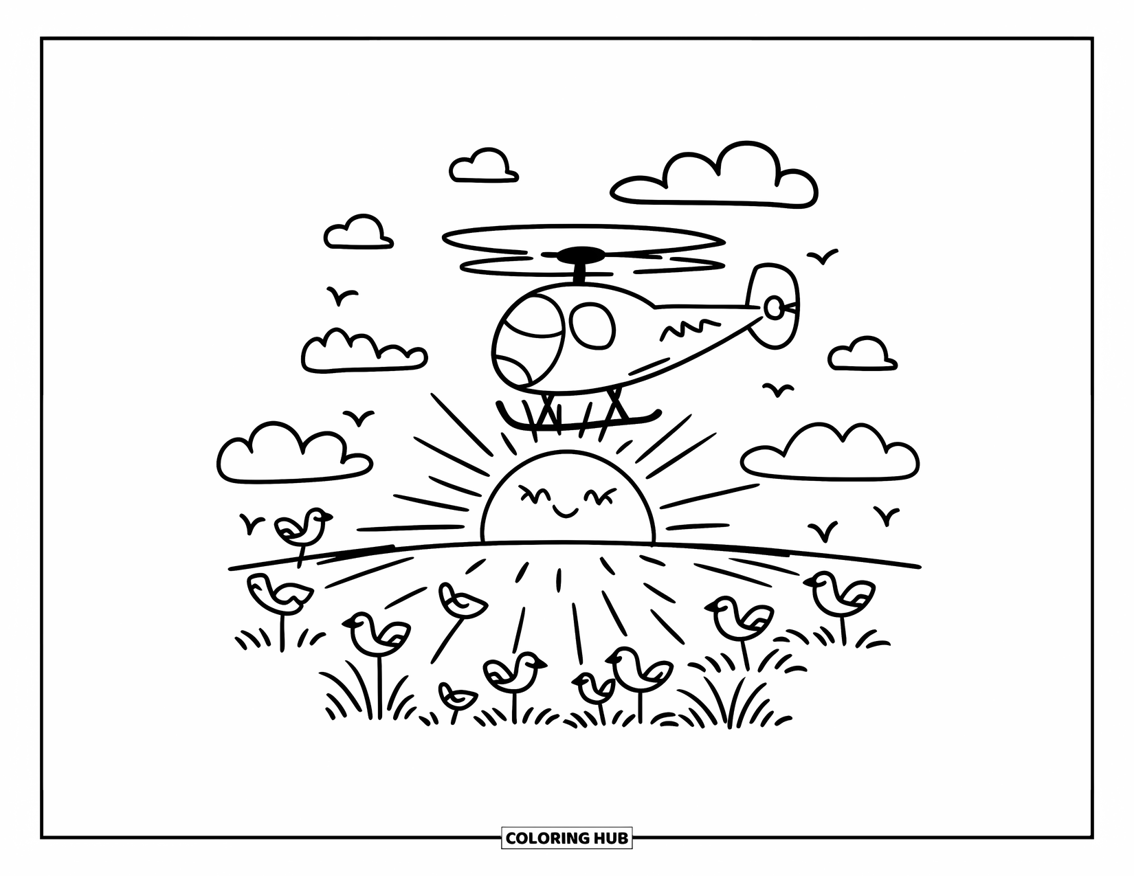 Desenho de helicóptero para colorir para adultos: Um helicóptero sorrindo voa acima de um nascer do sol pacífico enquanto os pássaros esticam suas asas na luz da manhã