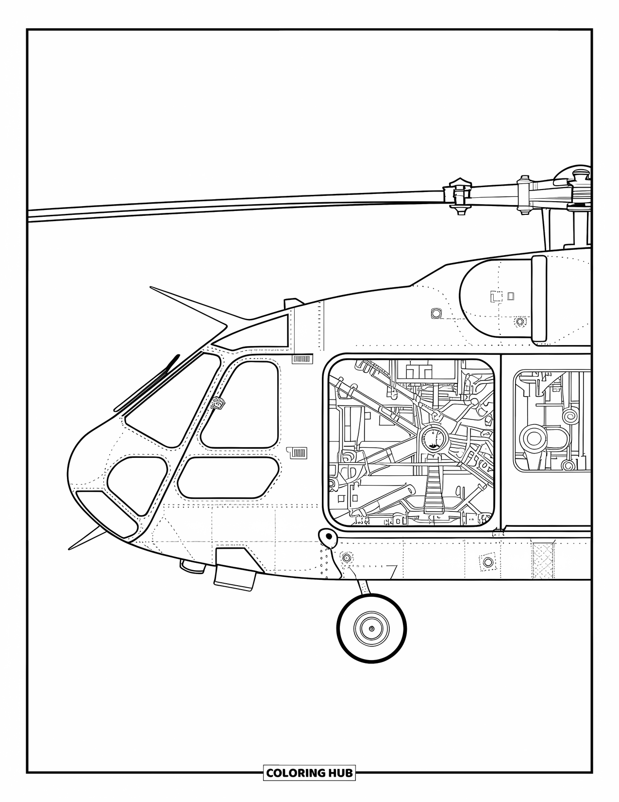 Desenho de helicóptero para colorir para adultos: Um desenho técnico de vista lateral de um helicóptero mostrando sua estrutura mecânica e sistema de rotor