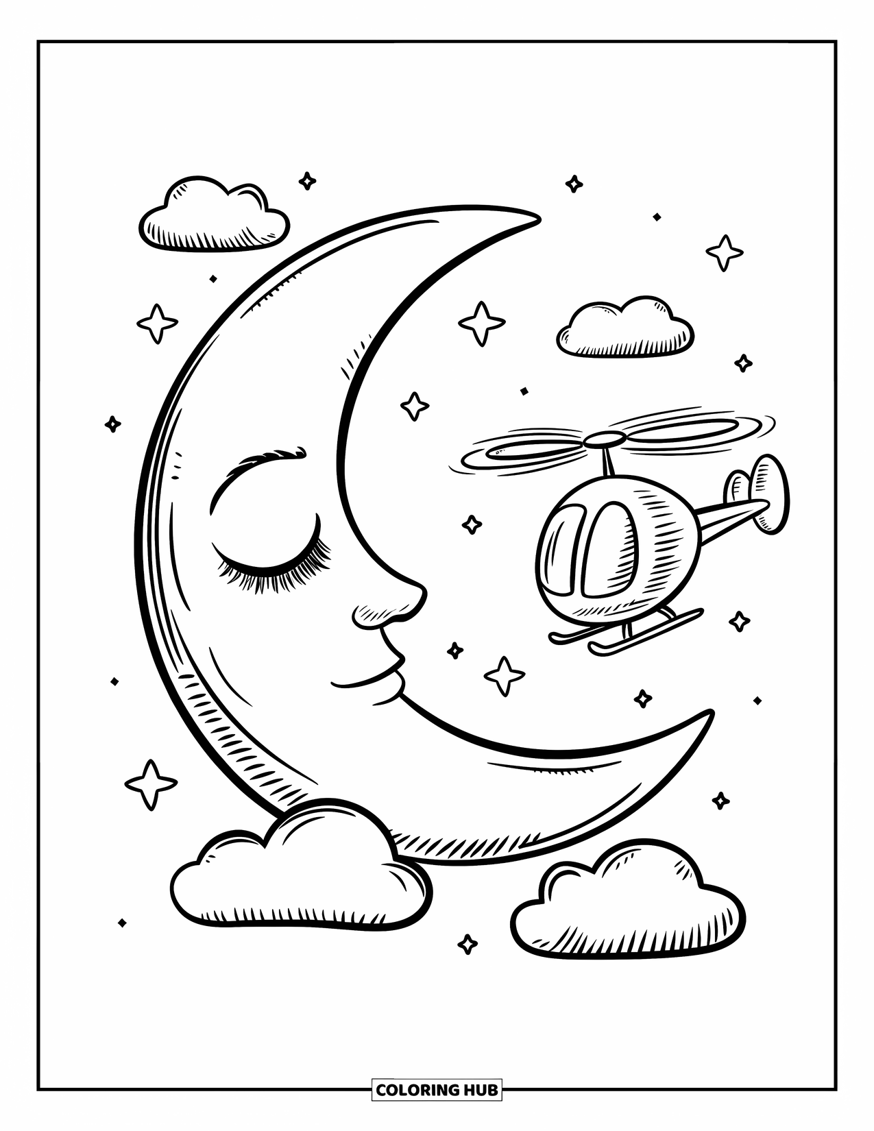 Desenho de helicóptero para colorir para adultos: Um pequeno helicóptero flutua ao lado de uma lua crescente sonhadora, cercado por estrelas cintilantes e travesseiros de nuvens