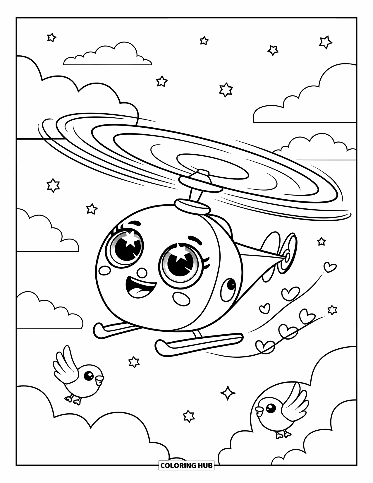 Desenho de helicóptero para colorir para adultos: Um pequeno helicóptero com um rosto feliz desliza por um céu cheio de estrelas, nuvens e corações