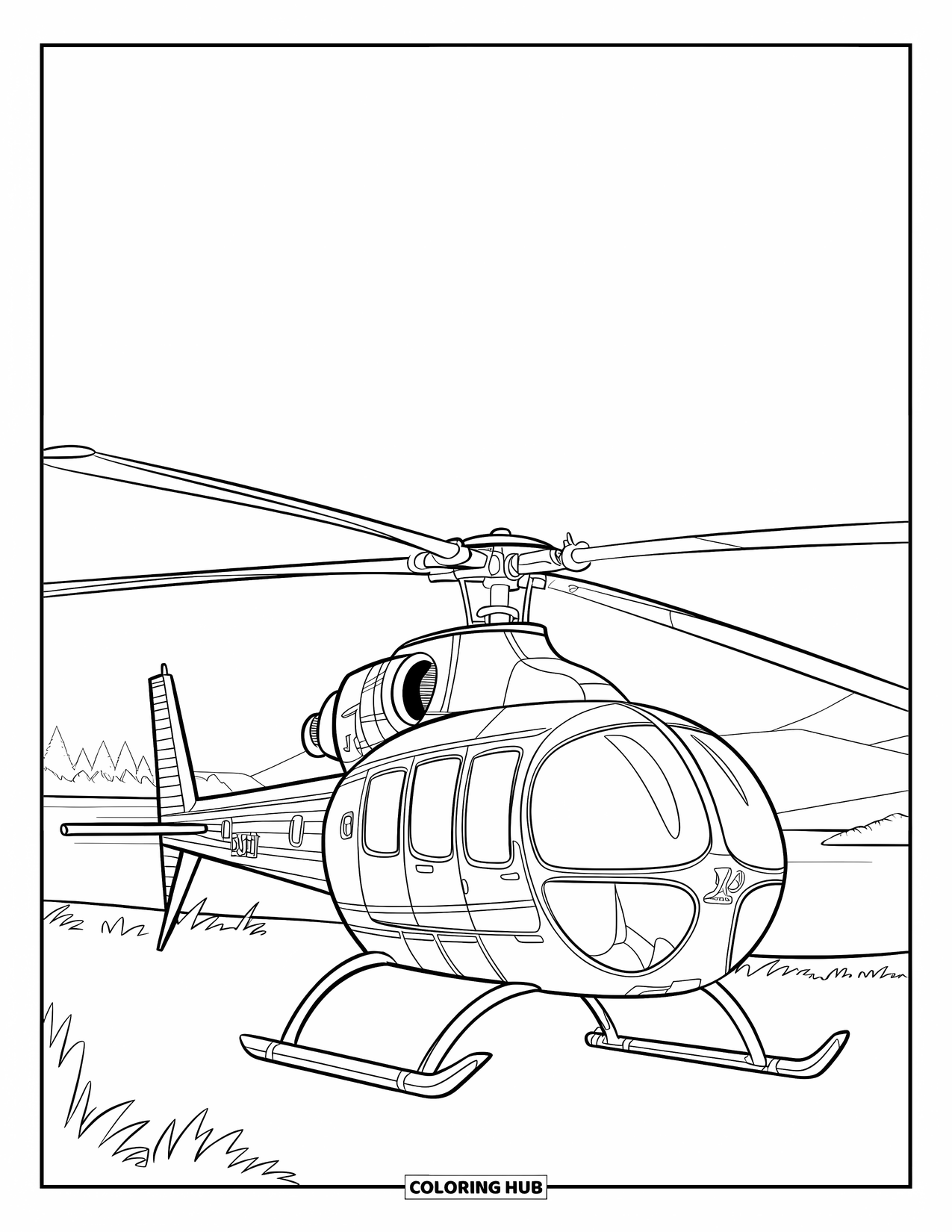 Desenho de helicóptero para colorir para crianças: Um helicóptero dos anos 1960 com uma cabine de bolha voa sobre uma paisagem cênica com montanhas e água