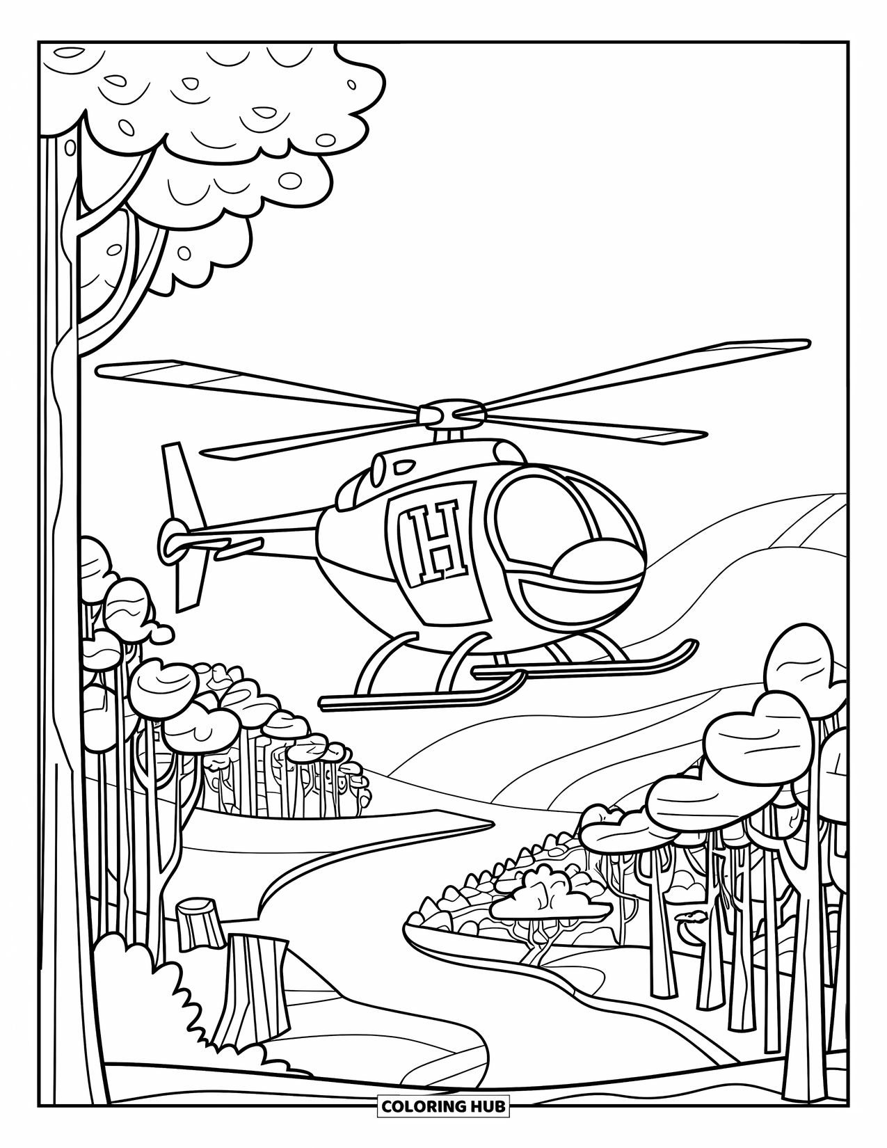 Desenho de helicóptero para colorir para crianças: Um helicóptero com contorno ousado com um "H" na lateral, voando sobre árvores e água