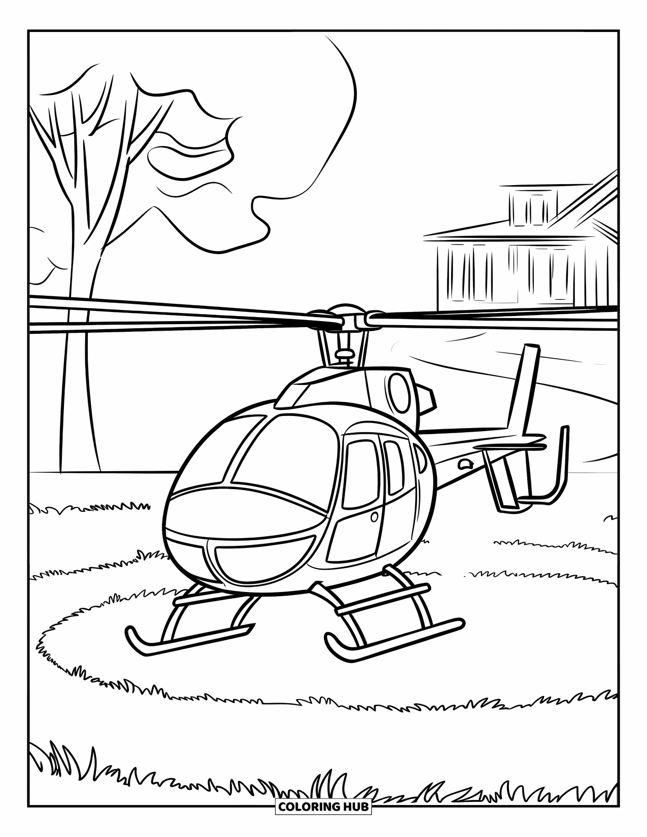 Desenho de helicóptero para colorir para crianças: Um helicóptero de desenho animado pousa perto de uma árvore e uma casa simples, cercado por um campo aberto