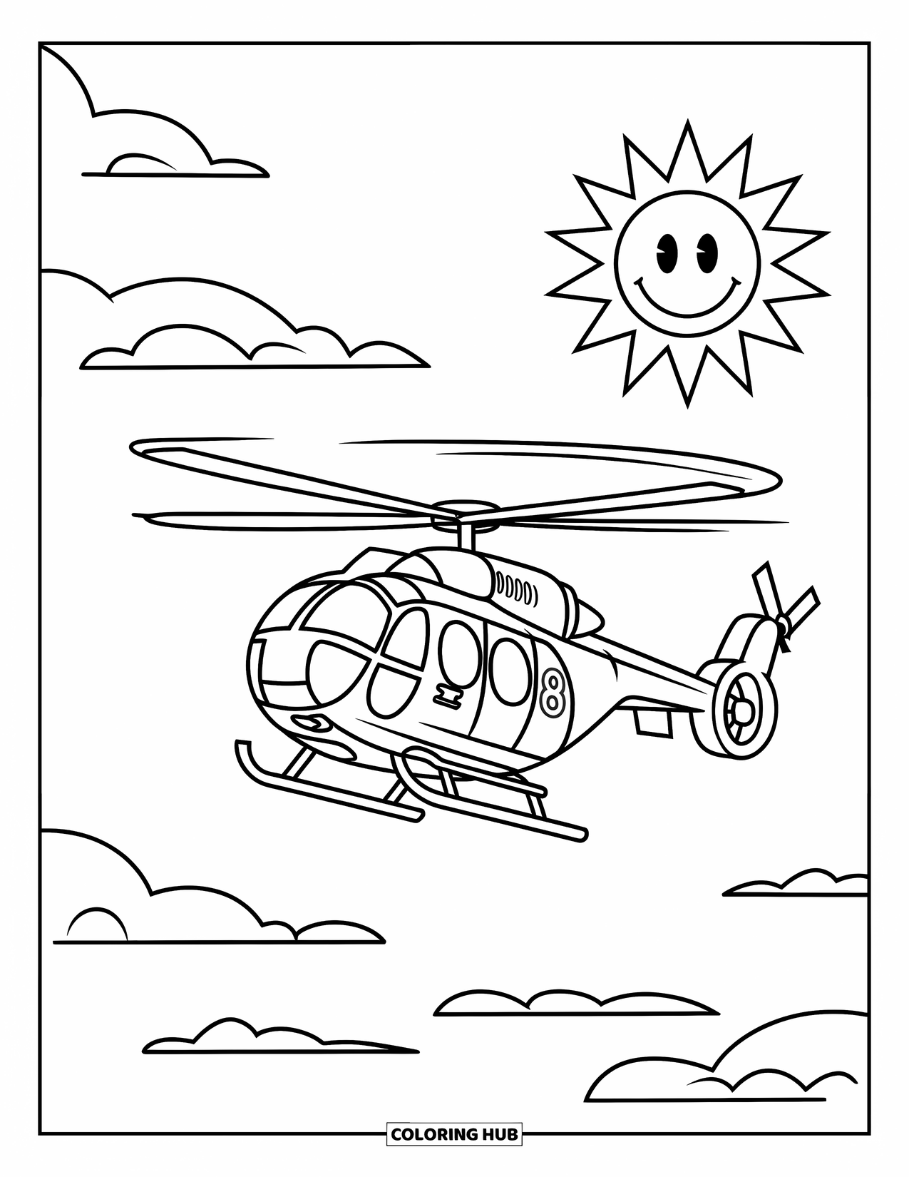 Desenho de helicóptero para colorir para crianças: Um helicóptero de desenho animado com um número na lateral, voando em um céu com um sol feliz