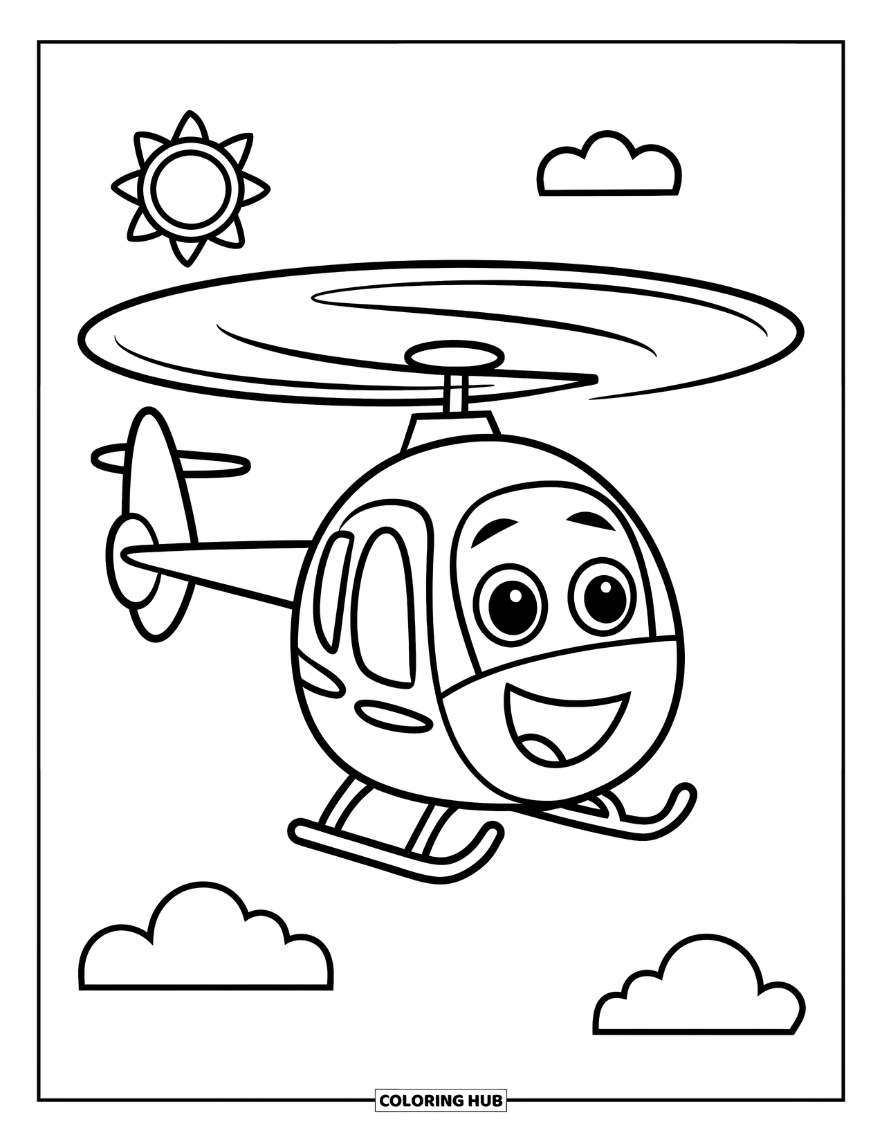 Desenho de helicóptero para colorir para crianças: Um helicóptero de desenho animado com contornos ousados, voando sob um sol brilhante e nuvens flutuantes
