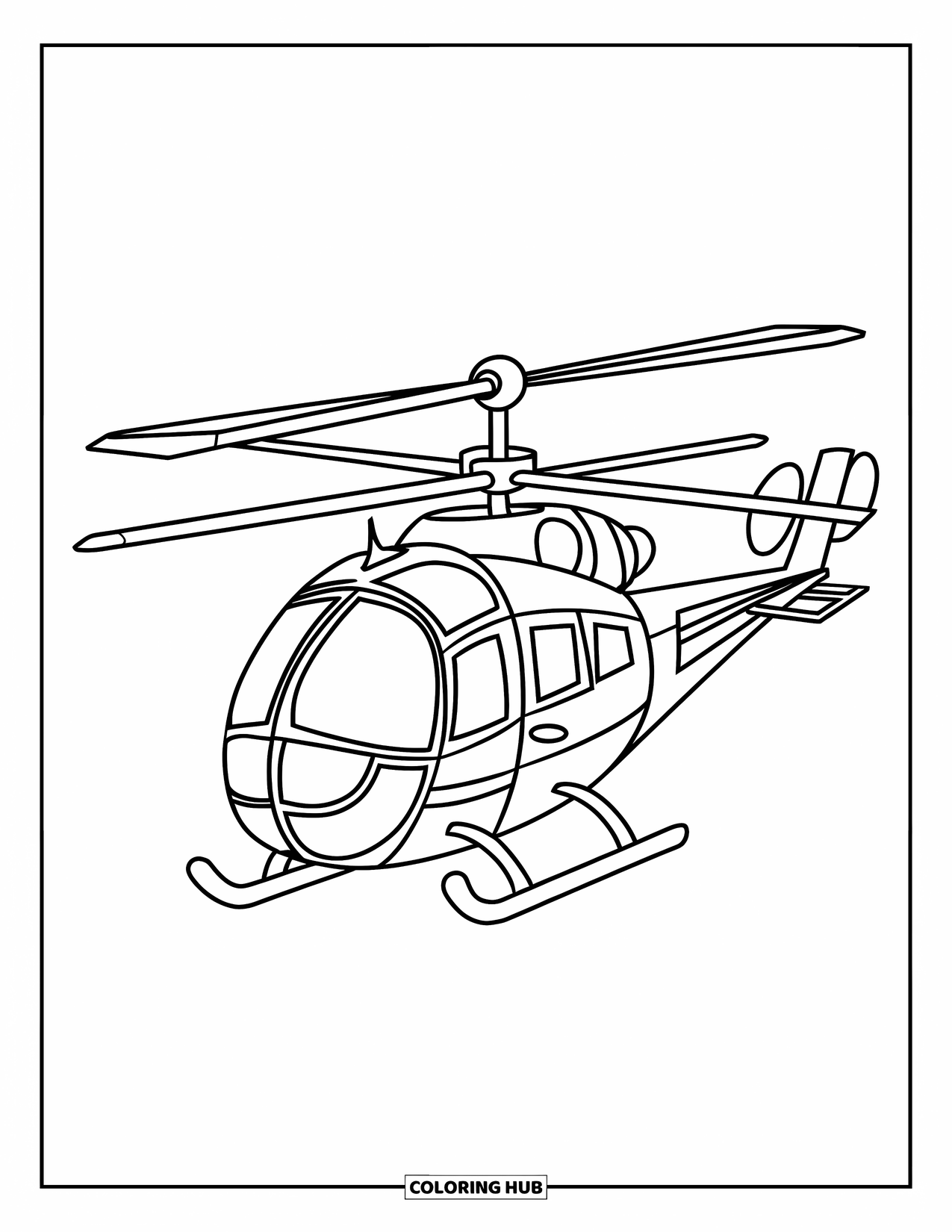 Desenho de helicóptero para colorir para crianças: Um helicóptero de desenho animado com duas hélices giratórias, uma pequena cabine e um rotor de cauda, pairando no ar