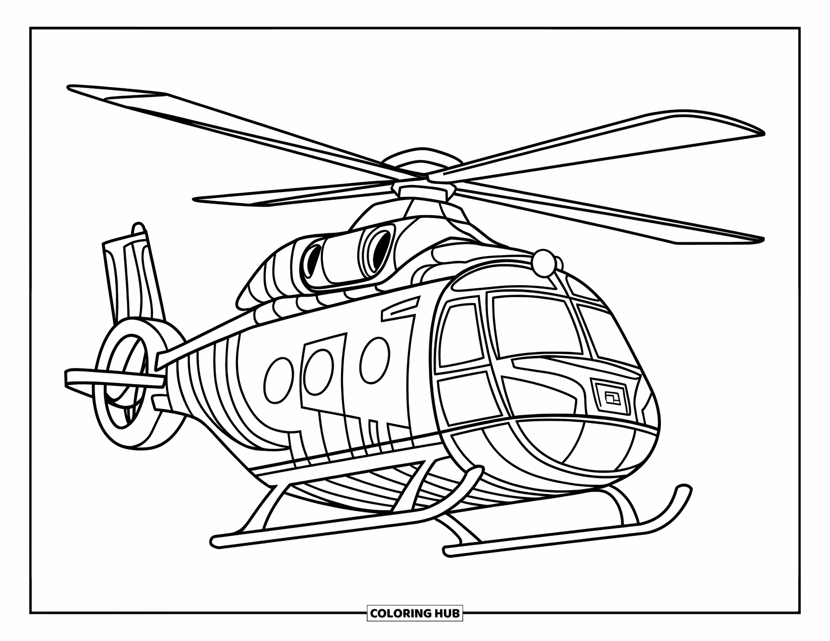 Desenho de helicóptero para colorir para crianças: Um helicóptero de resgate de desenho animado com um emblema de cruz, pairando com um design simples e fácil de colorir
