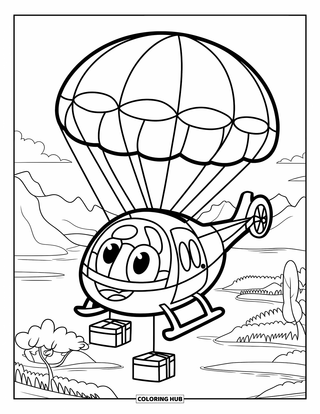 Desenho de helicóptero para colorir para crianças: Um helicóptero alegre lançando suprimentos usando um paraquedas sobre uma paisagem montanhosa