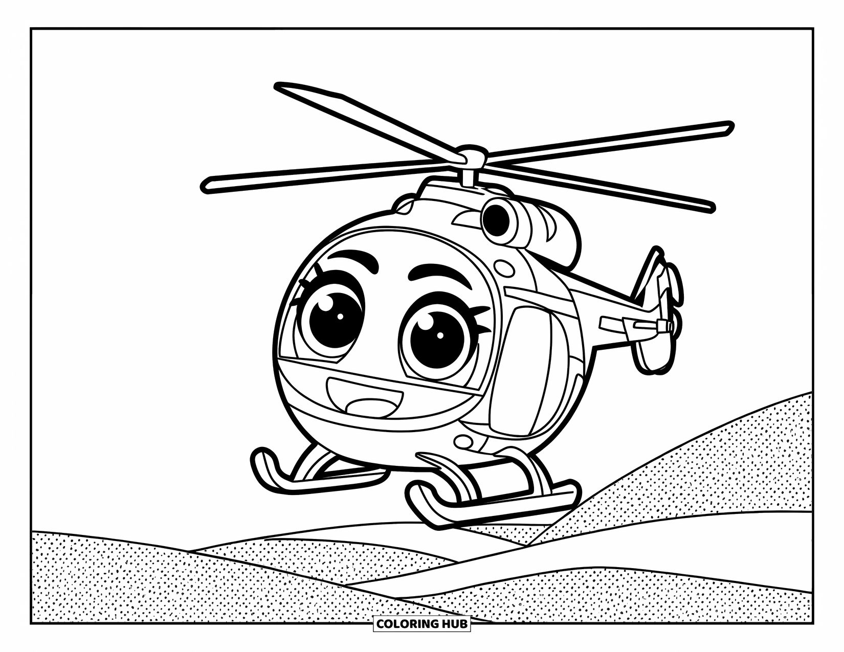 Desenho de helicóptero para colorir para crianças: Um helicóptero estilo chibi com olhos grandes e adoráveis e uma expressão alegre, flutuando sobre uma paisagem pontilhada