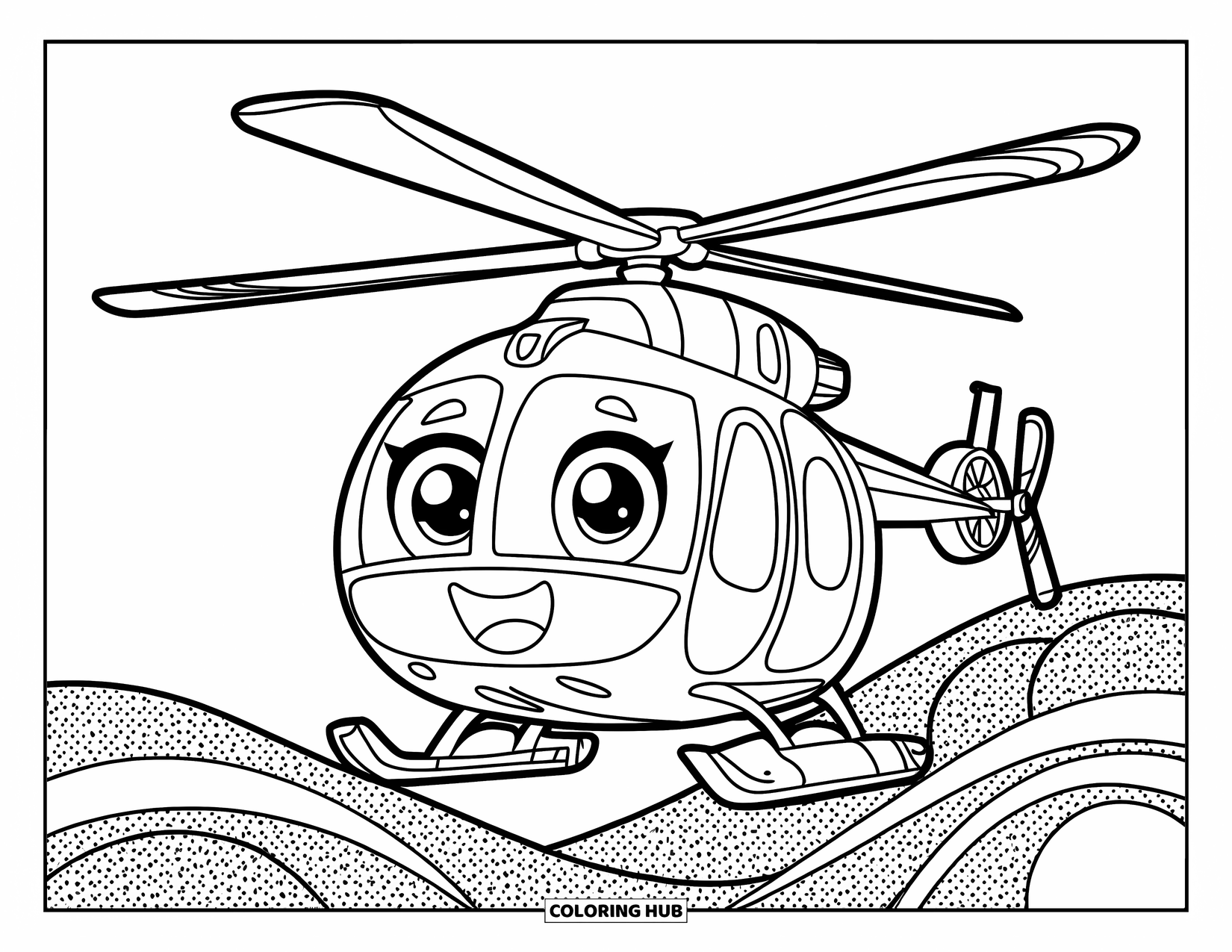 Desenho de helicóptero para colorir para crianças: Um helicóptero de desenho animado fofo com um rosto feliz, pairando no céu com um design simples e ousado