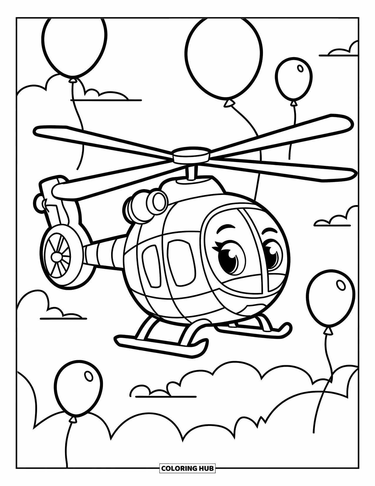 Desenho de helicóptero para colorir para crianças: Um helicóptero amigável voando no céu, cercado por balões flutuantes e uma vibração alegre