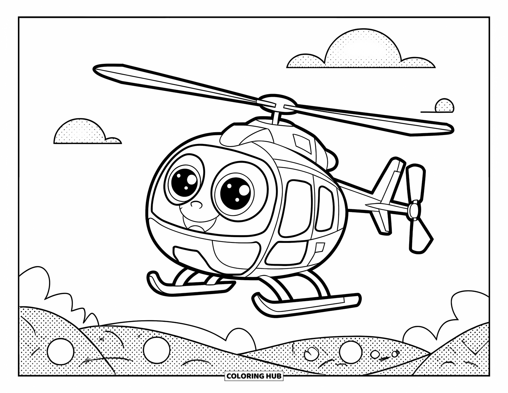 Desenho de helicóptero para colorir para crianças: Um helicóptero amigável com um rosto alegre e trem de pouso fixo, voando pelo céu