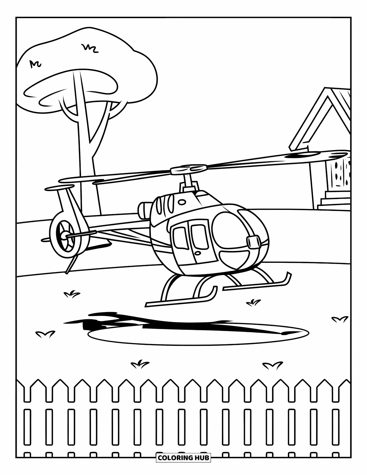 Desenho de helicóptero para colorir para crianças: Um helicóptero amigável com uma grande hélice, descansando perto de uma cerca de piquete em um ambiente tranquilo