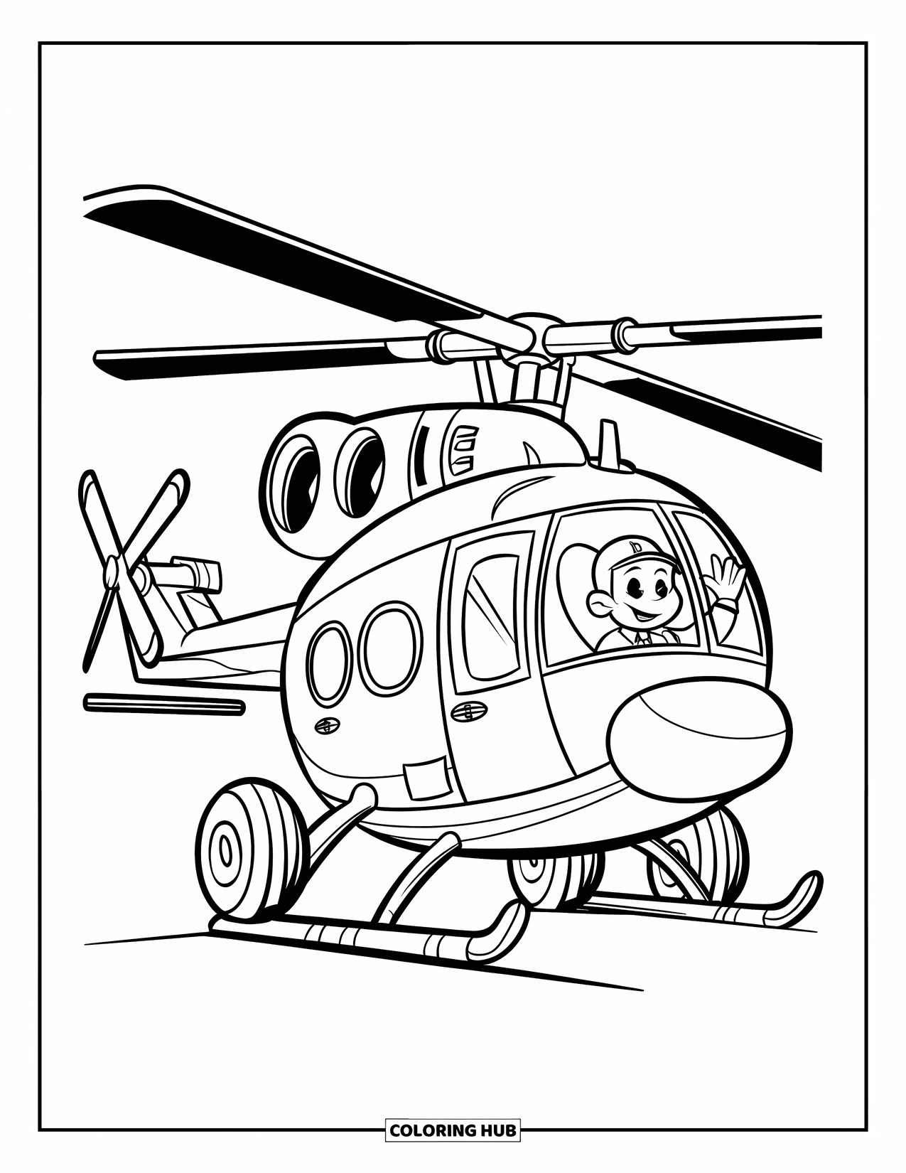 Desenho de helicóptero para colorir para crianças: Um helicóptero amigável com rodas grandes e um piloto sorridente, estacionado no chão