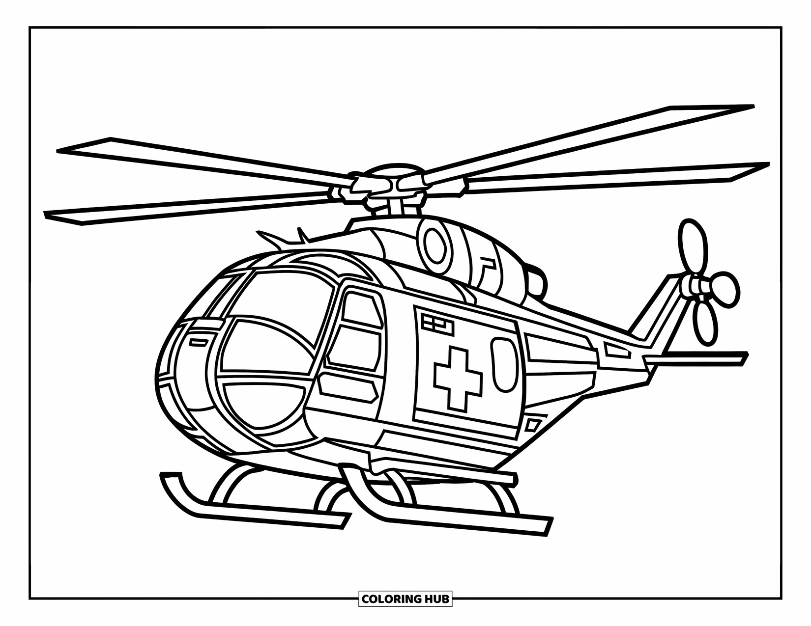 Desenho de helicóptero para colorir para crianças: Um helicóptero de resgate amigável com janelas grandes e listras marcantes, voando alto no ar