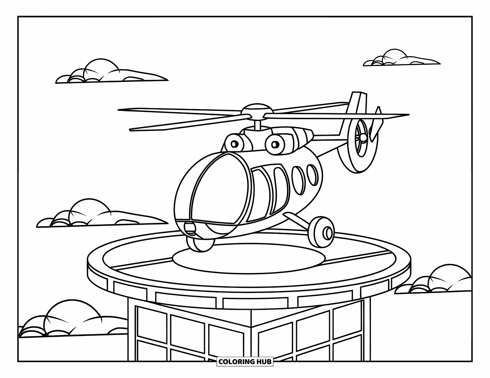 Desenho de helicóptero para colorir para crianças: Um helicóptero futurista pousa em um heliponto no topo de uma torre de vidro, com nuvens ao fundo