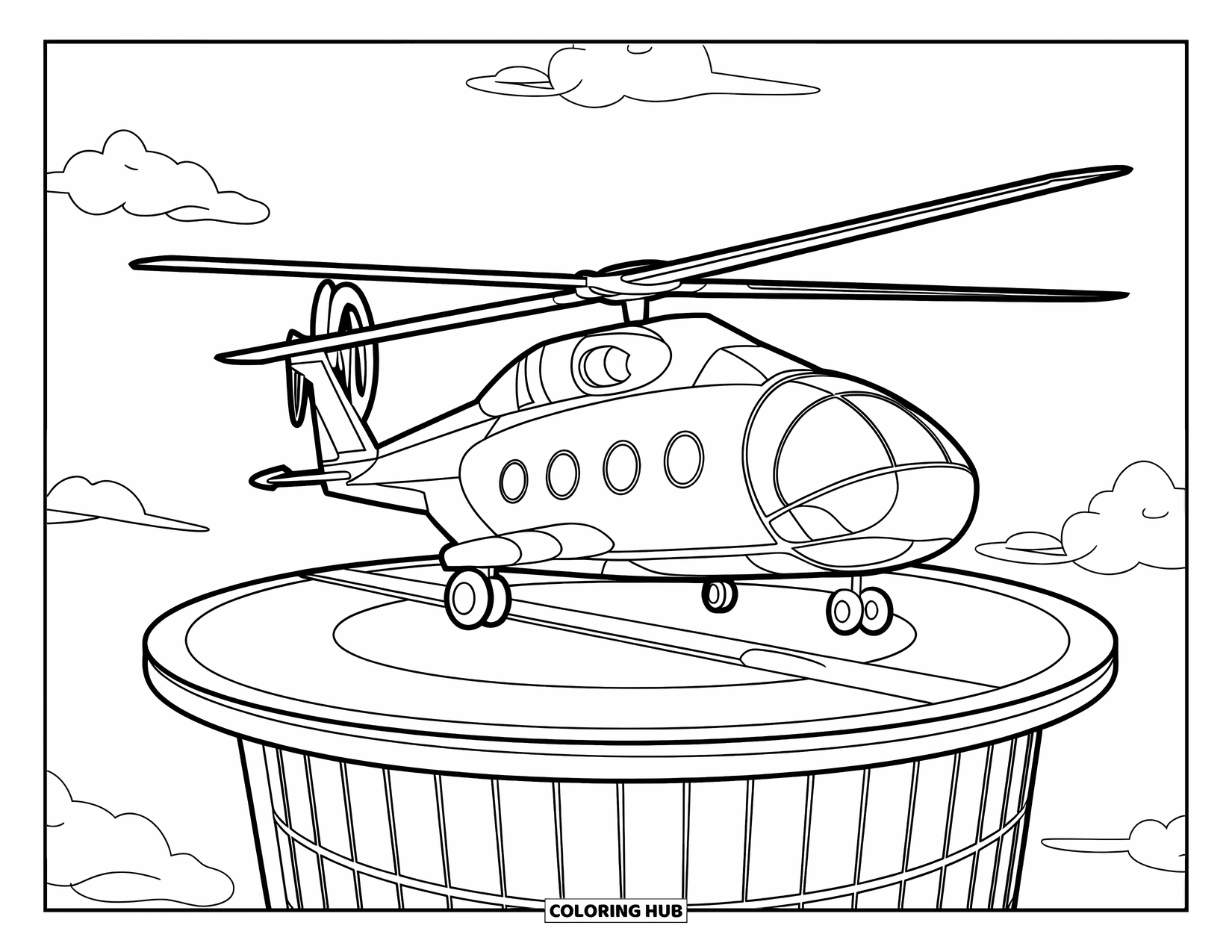 Desenho de helicóptero para colorir para crianças: Um helicóptero futurista com grandes janelas redondas pousa em uma torre sob um céu nublado