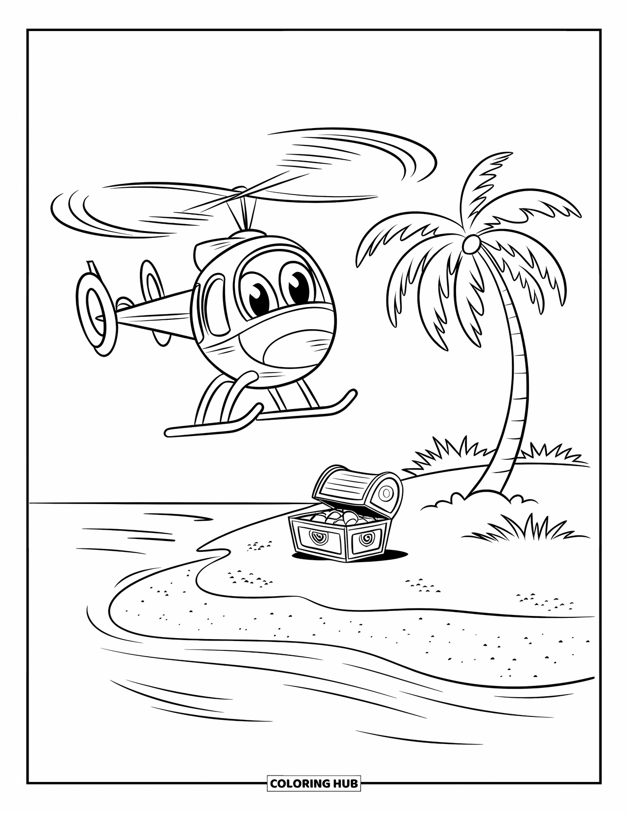 Desenho de helicóptero para colorir para crianças: Um helicóptero se aproxima de um baú de tesouro em uma ilha tropical cercada por ondas do oceano