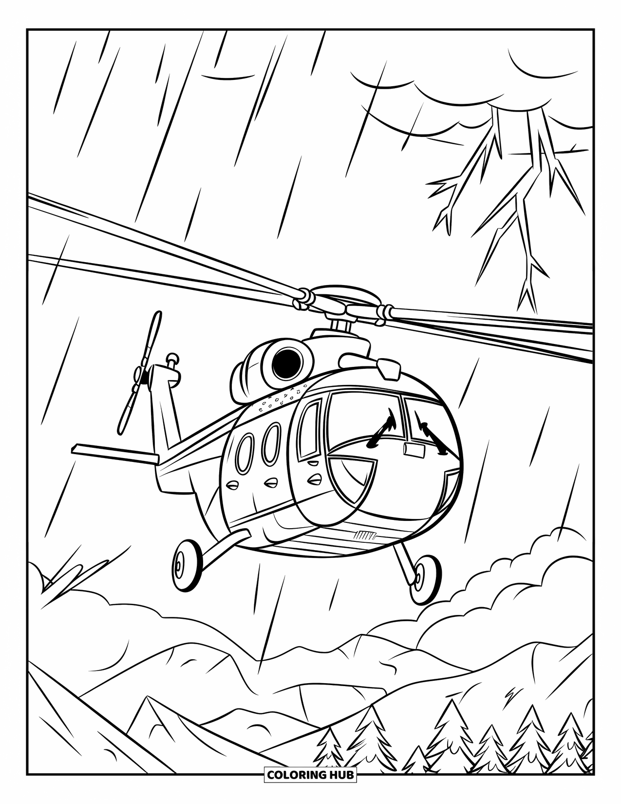 Desenho de helicóptero para colorir para crianças: Um helicóptero enfrenta ventos fortes e chuva no meio de uma tempestade furiosa