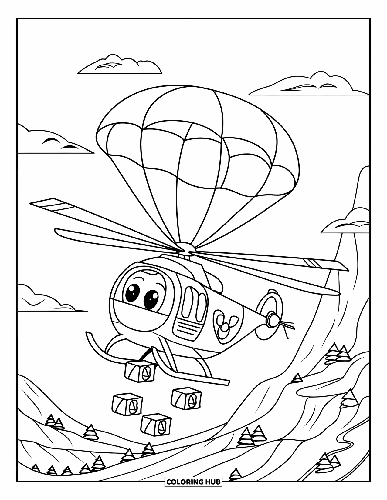 Desenho de helicóptero para colorir para crianças: Um helicóptero entregando caixas de suprimentos com paraquedas sobre uma paisagem verde e montanhosa