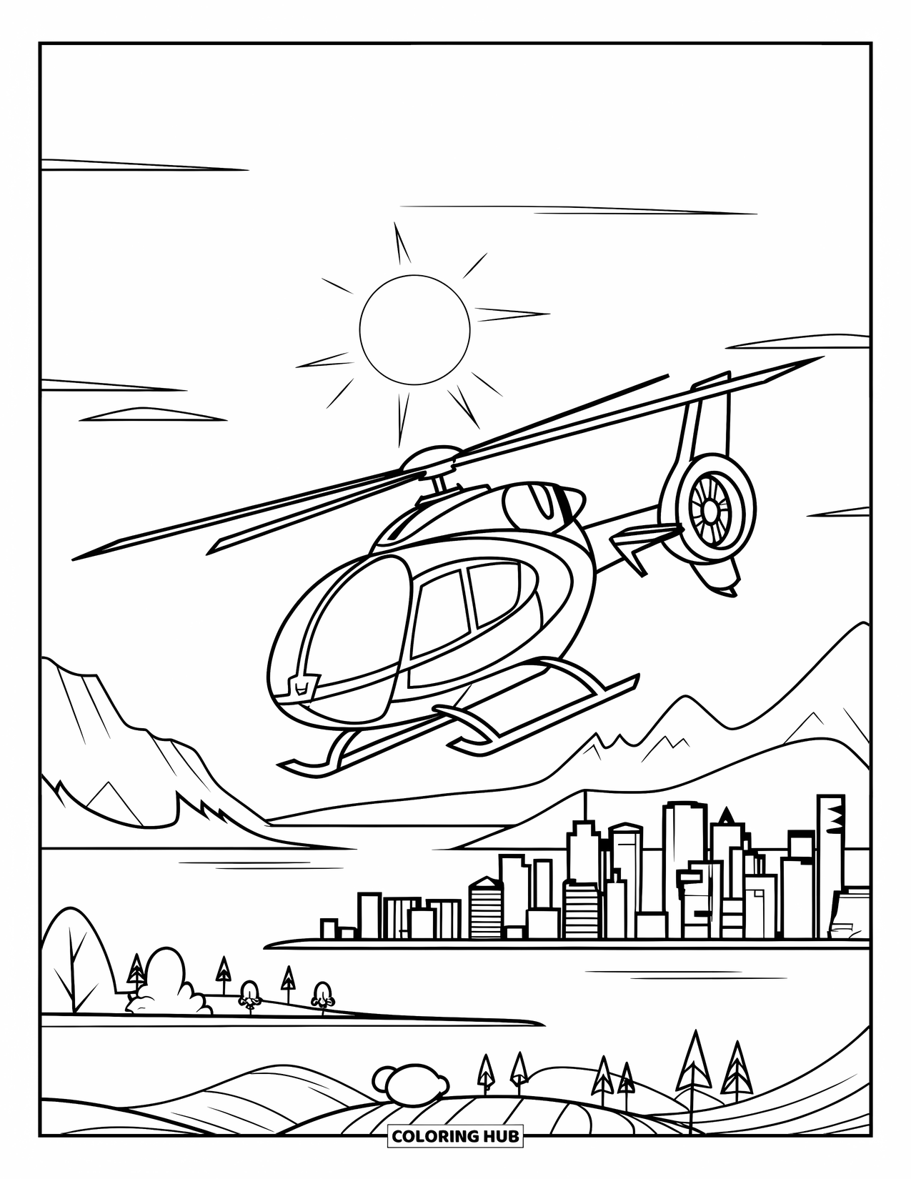 Desenho de helicóptero para colorir para crianças: Um helicóptero voa sobre uma cidade com um sol brilhante e montanhas ao fundo
