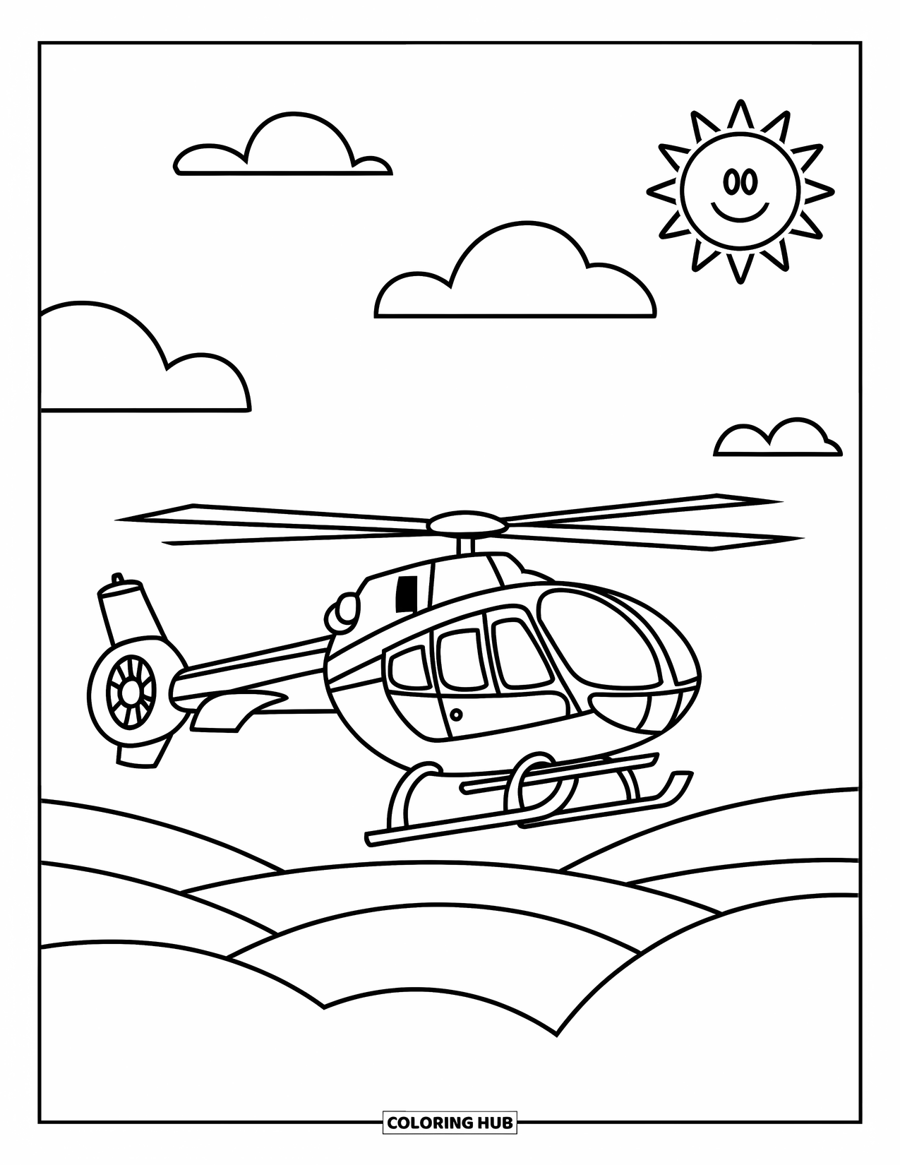 Desenho de helicóptero para colorir para crianças: Um helicóptero voa por um céu cheio de nuvens fofas e um sol sorridente
