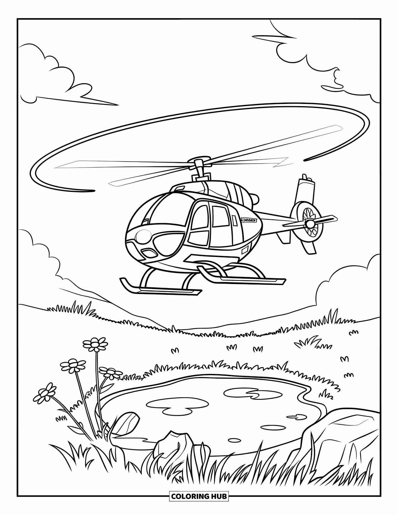 Desenho de helicóptero para colorir para crianças: Um helicóptero flutuando sobre um campo, com flores, pedras e um lago embaixo