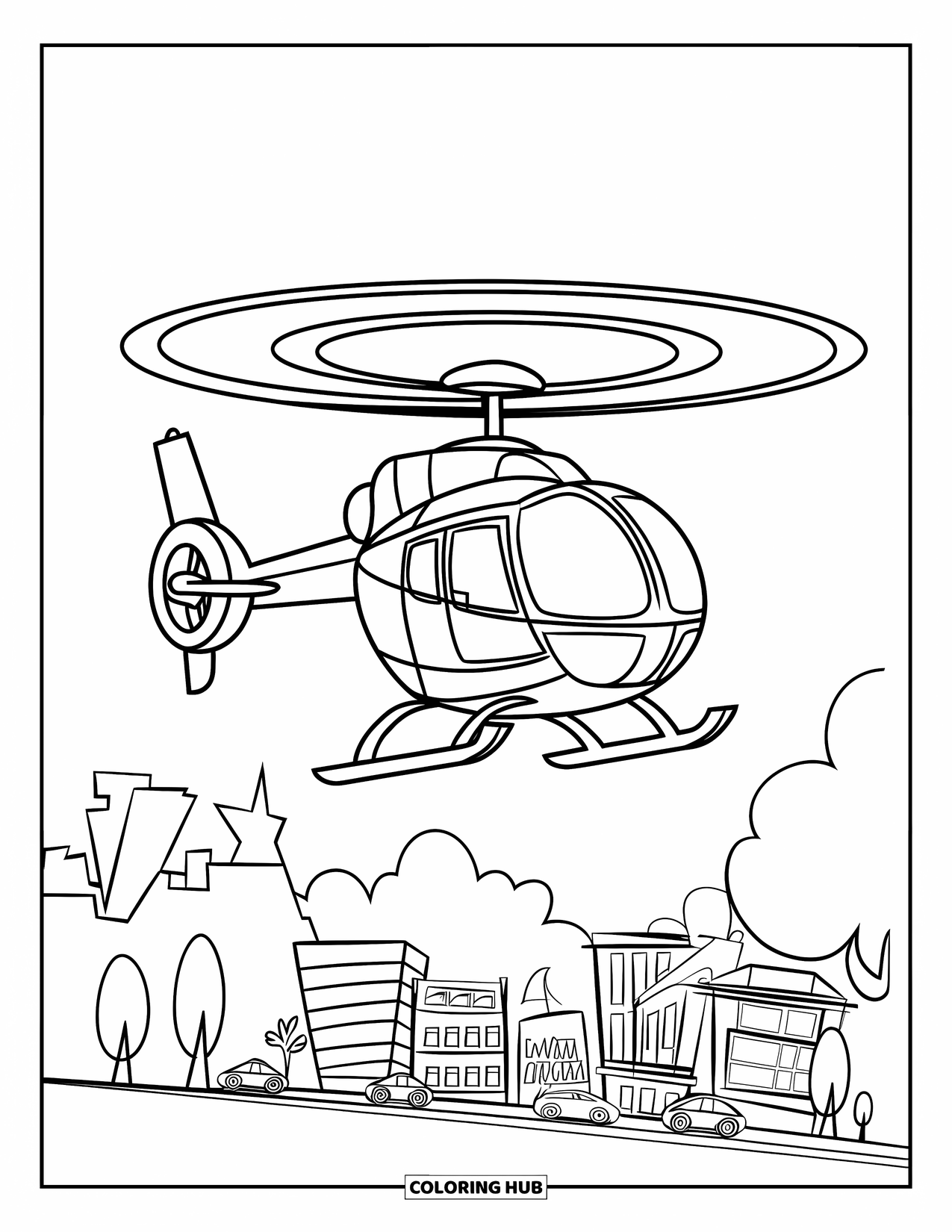 Desenho de helicóptero para colorir para crianças: Um helicóptero voando acima de uma paisagem urbana, com prédios, carros e árvores abaixo
