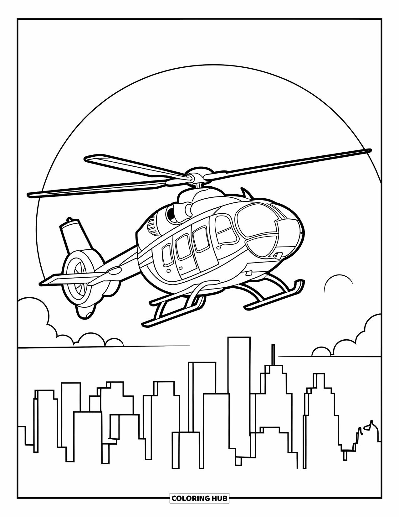 Desenho de helicóptero para colorir para crianças: Um helicóptero desliza sobre o horizonte da cidade ao pôr do sol, cercado por contornos ousados de edifícios