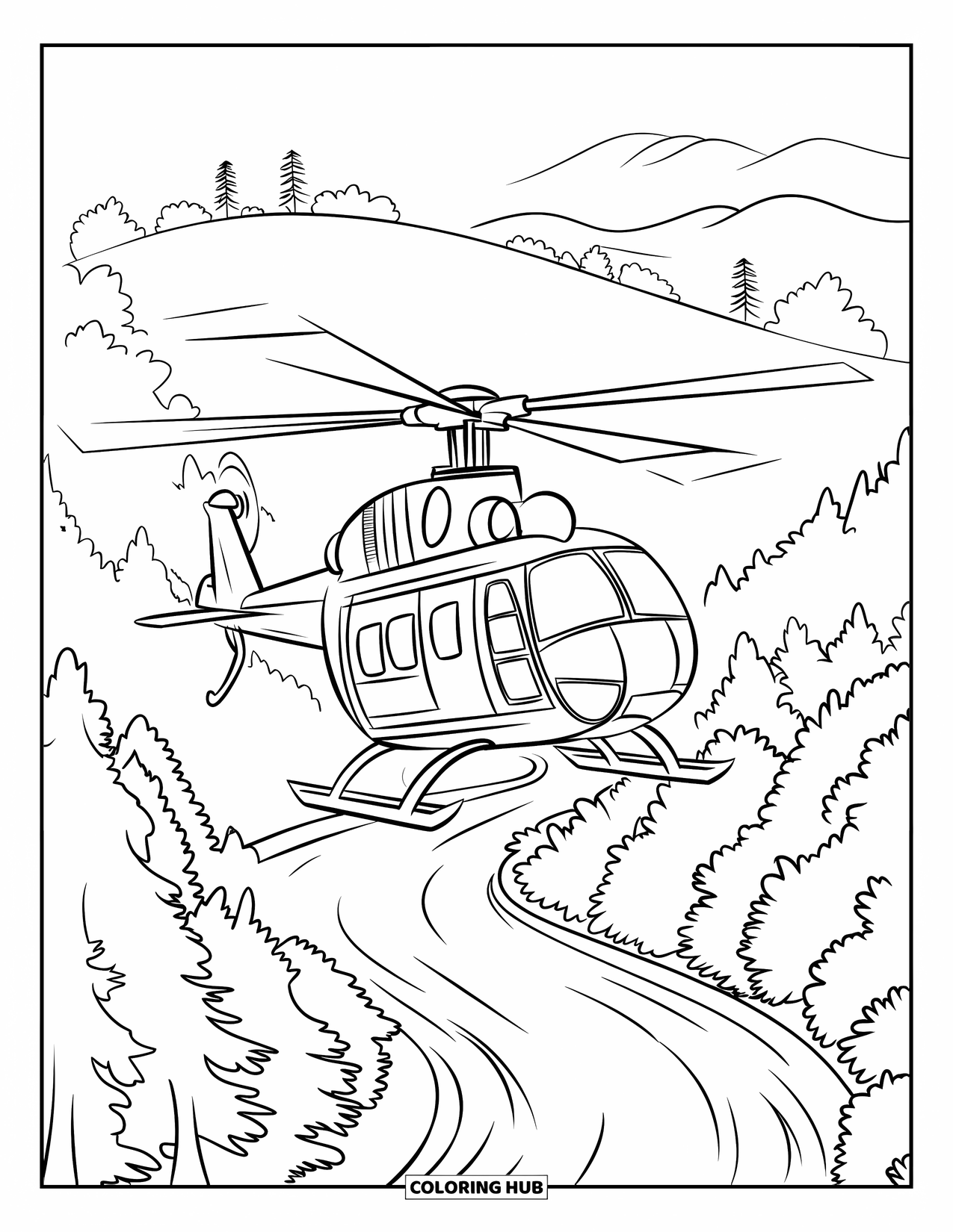 Desenho de helicóptero para colorir para crianças: Um helicóptero pairando sobre uma floresta, com um rio serpenteando ao fundo