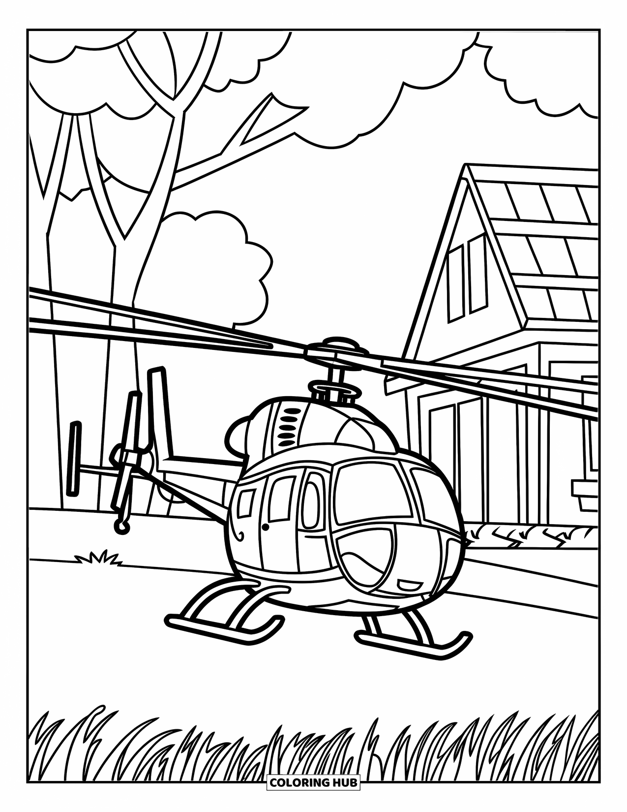 Desenho de helicóptero para colorir para crianças: Um helicóptero pousando em um campo gramado com uma árvore e uma pequena casa ao fundo