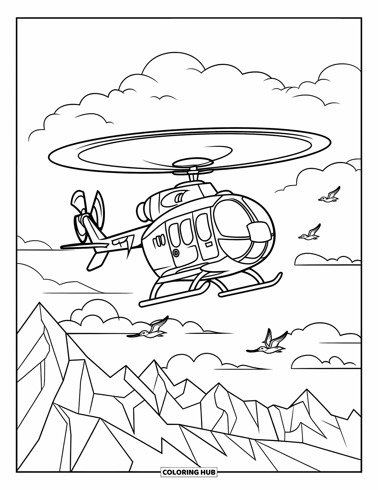 Desenho de helicóptero para colorir para crianças: Um helicóptero navegando sobre montanhas, com pequenos pássaros voando ao lado dele