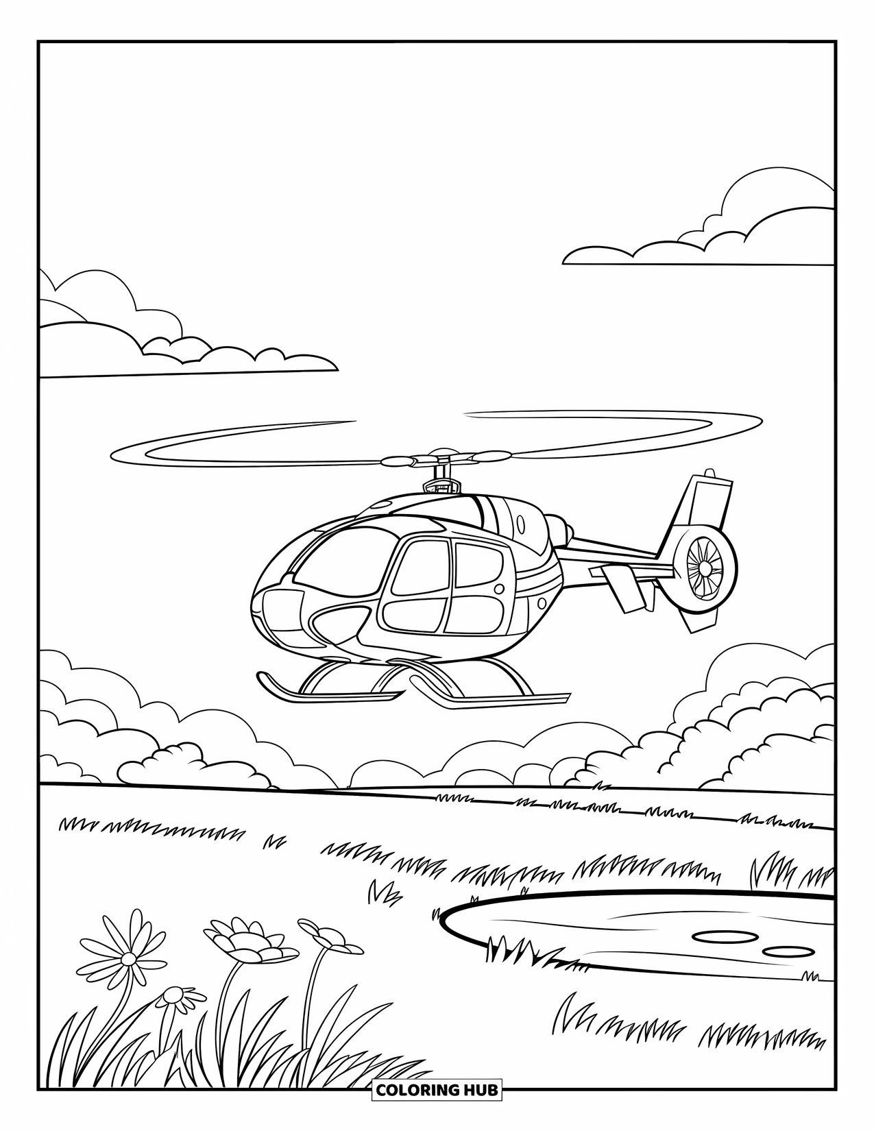 Desenho de helicóptero para colorir para crianças: Um helicóptero voando sobre um campo, com um lago e nuvens fofas no céu