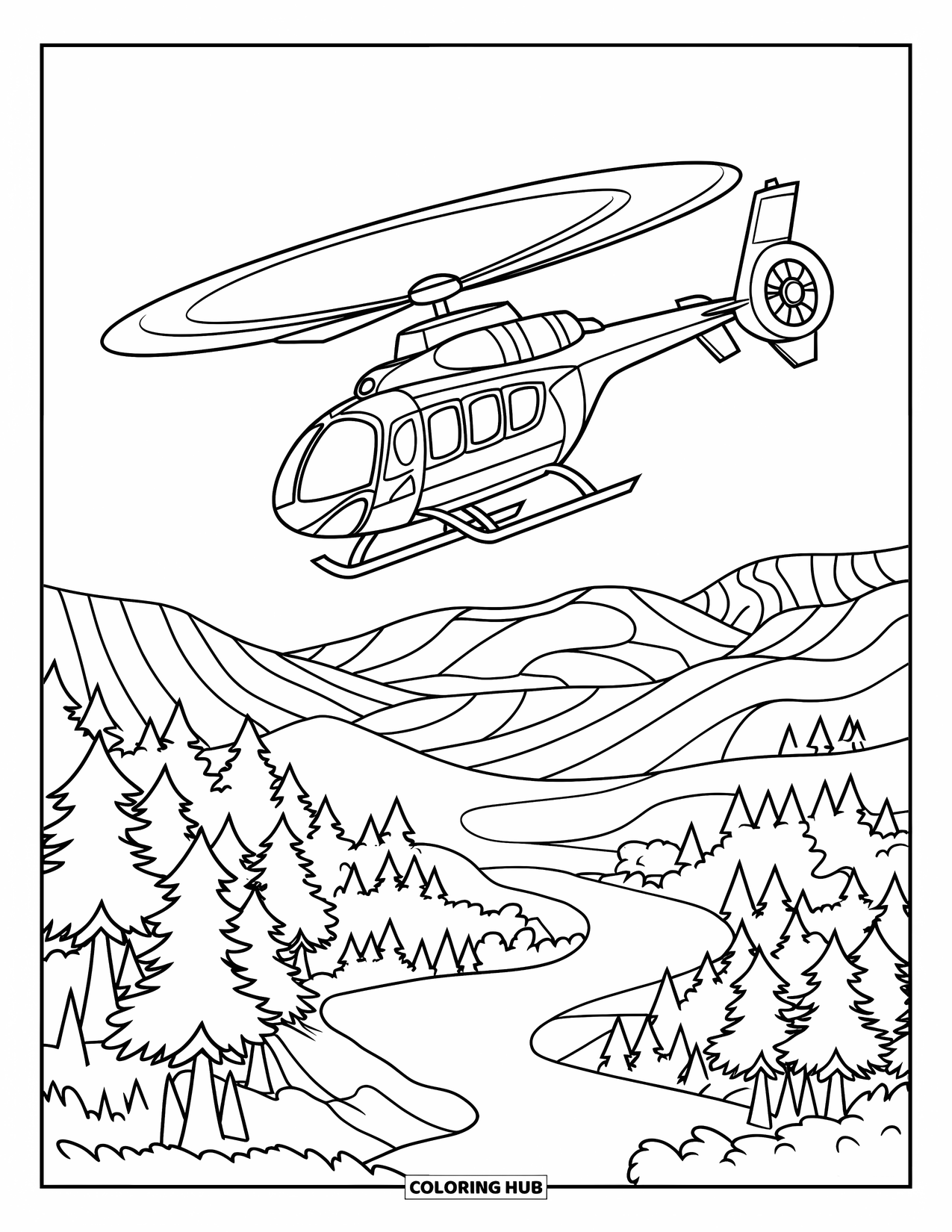 Desenho de helicóptero para colorir para crianças: Um helicóptero voando acima de uma paisagem florestal, com um rio sinuoso abaixo