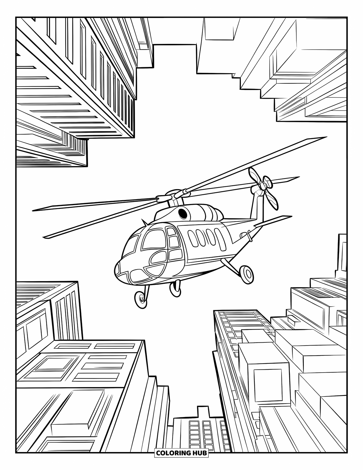 Desenho de helicóptero para colorir para crianças: Um helicóptero voa acima dos telhados, desviando entre altos arranha-céus em um horizonte da cidade
