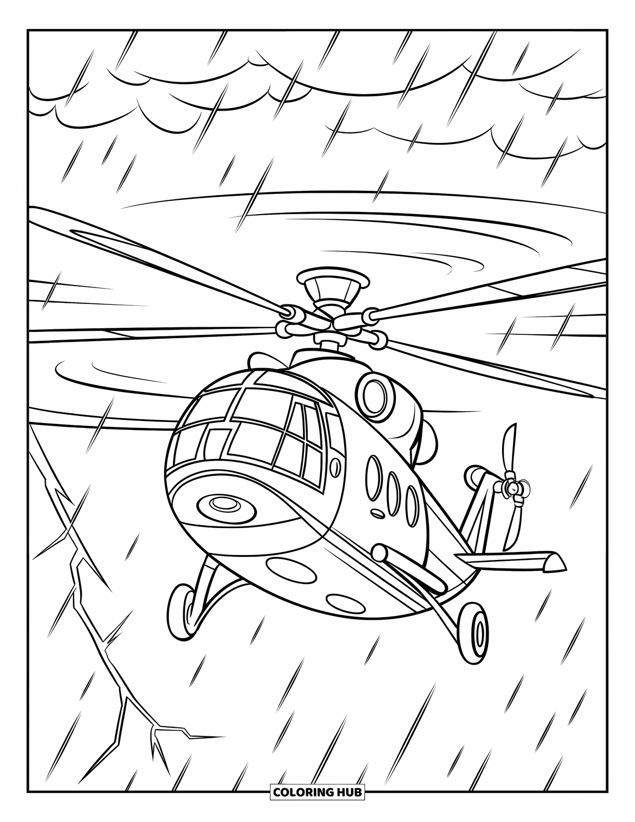 Desenho de helicóptero para colorir para crianças: Um helicóptero voa por um céu tempestuoso, cercado por nuvens escuras e relâmpagos