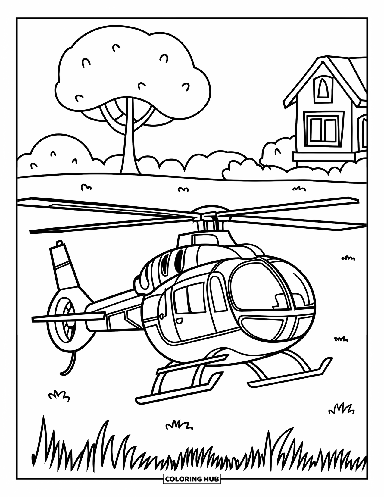 Desenho de helicóptero para colorir para crianças: Um helicóptero pousa em um campo gramado, com uma árvore e uma pequena casa ao fundo