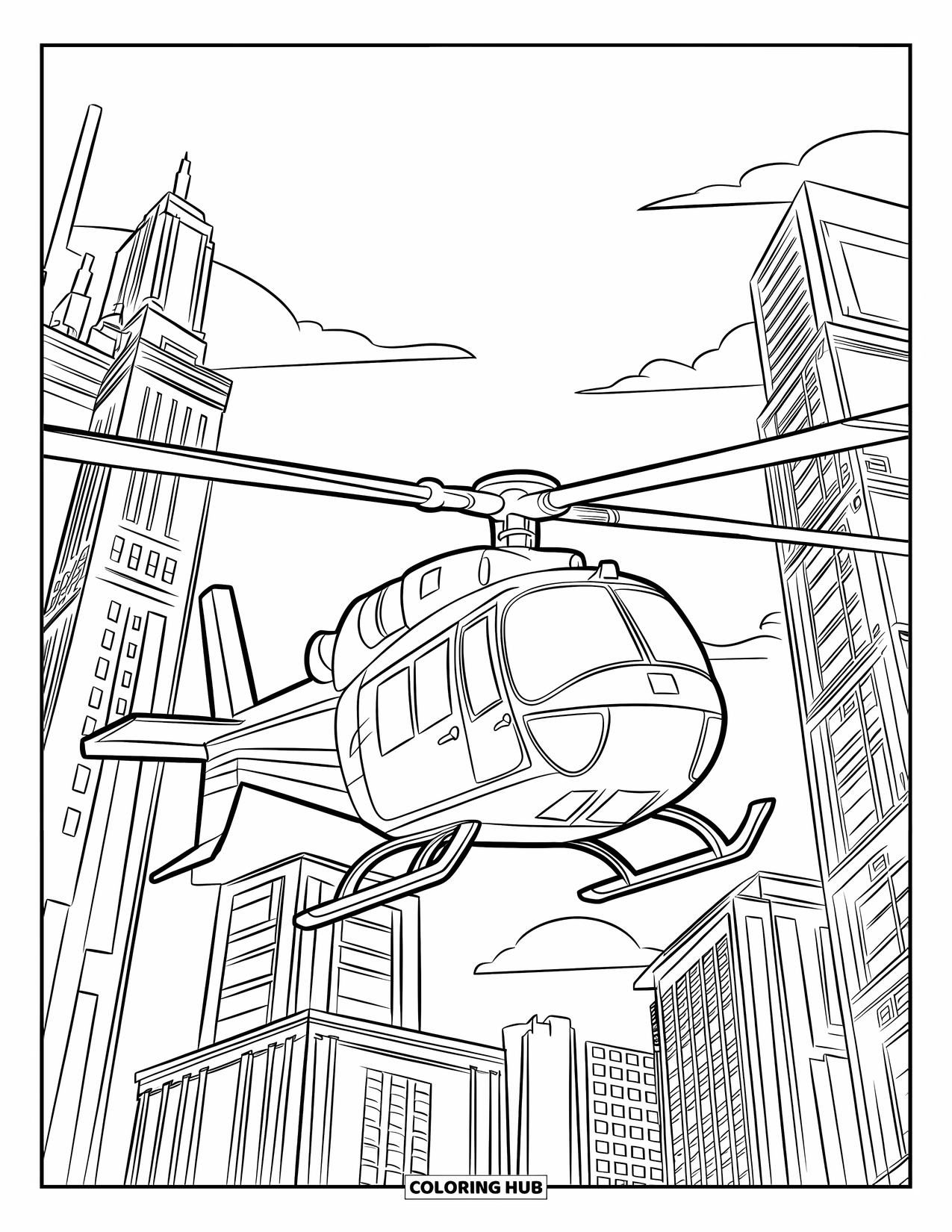 Desenho de helicóptero para colorir para crianças: Um helicóptero com um rotor grande desliza entre arranha-céus, com nuvens à deriva ao fundo
