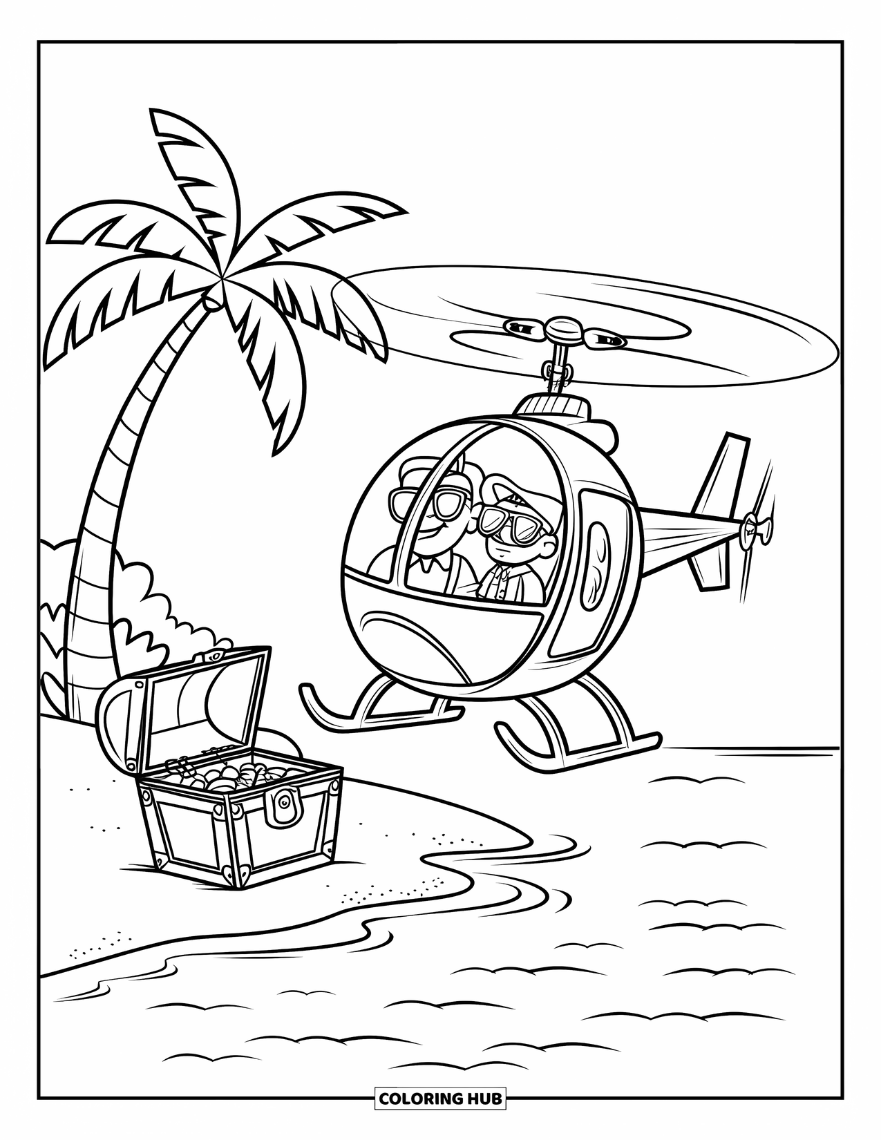 Desenho de helicóptero para colorir para crianças: Um helicóptero com pilotos aviadores voa em direção a um baú de tesouro em uma ilha coberta de palmeiras