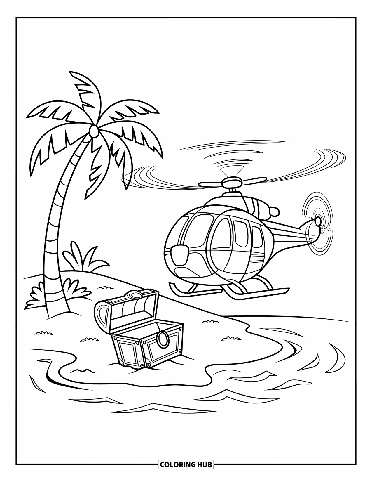 Desenho de helicóptero para colorir para crianças: Um helicóptero com rotores girando voa em direção a um baú de tesouro enterrado em uma ilha de areia