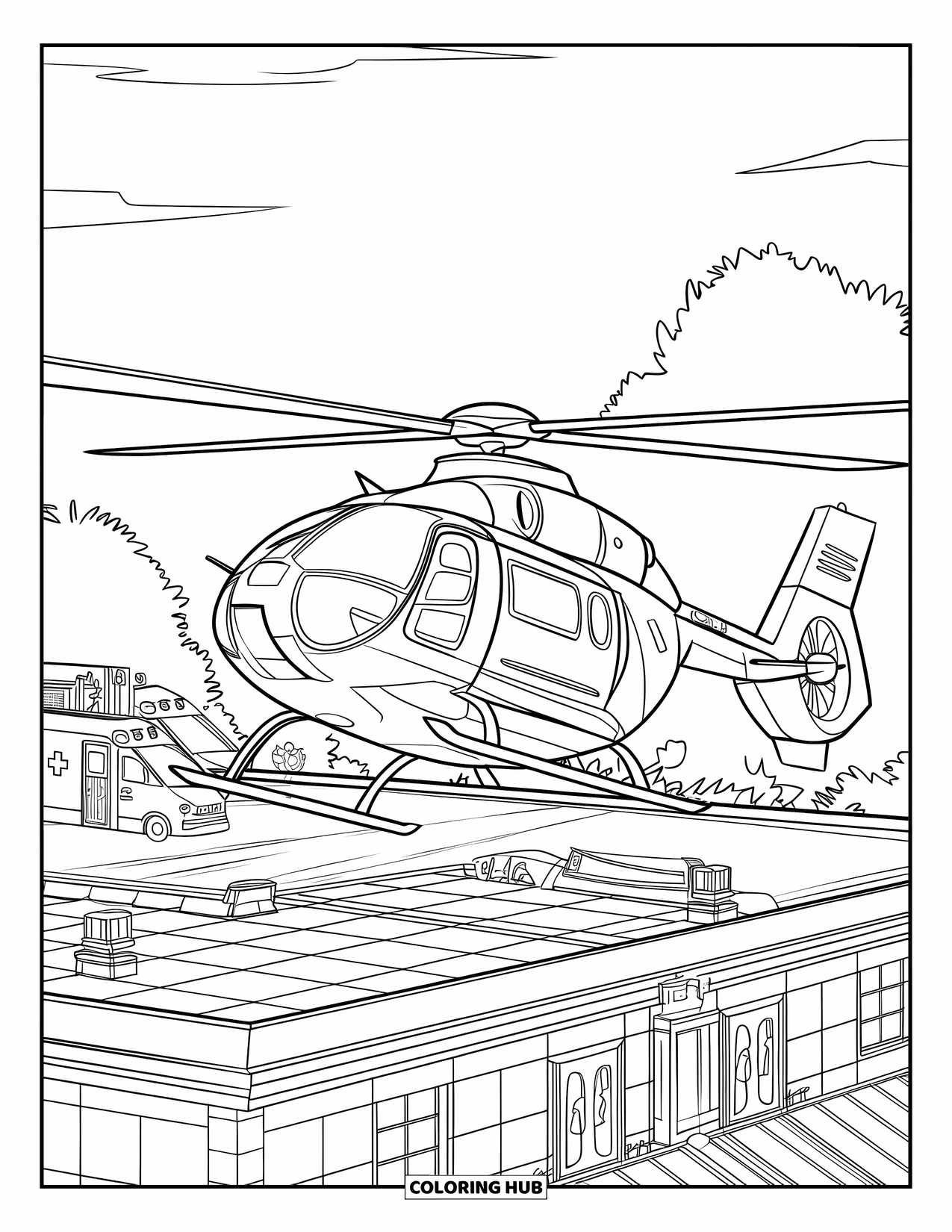 Desenho de helicóptero para colorir para crianças: Um helicóptero médico pousa no telhado de um hospital, com ambulâncias, médicos e um céu nublado
