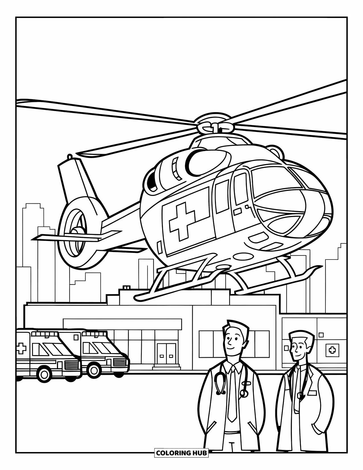 Desenho de helicóptero para colorir para crianças: Um helicóptero médico com uma cruz vermelha pousa no telhado de um hospital, com ambulâncias próximas