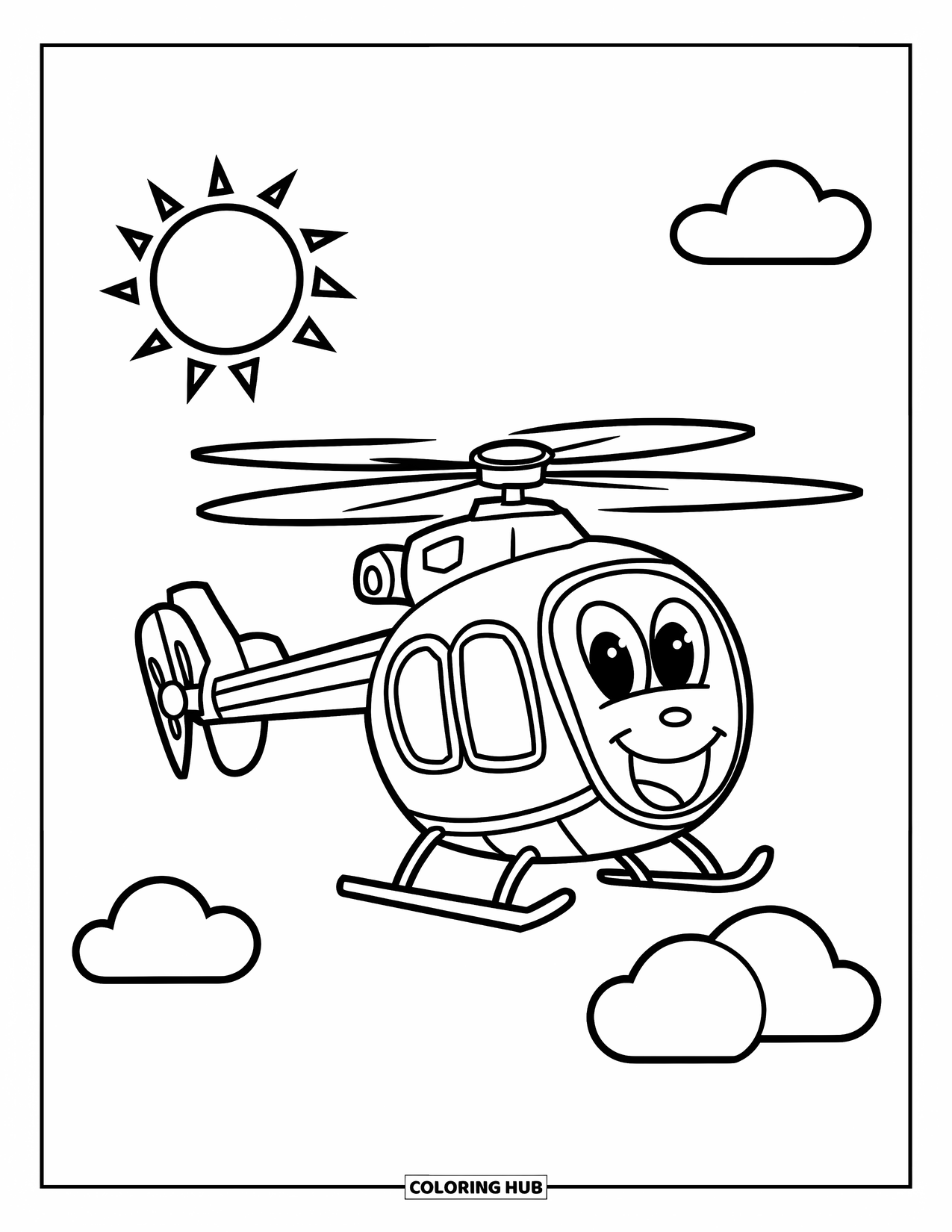 Desenho de helicóptero para colorir para crianças: Um helicóptero divertido com uma expressão alegre, voando por um céu aberto com nuvens fofas