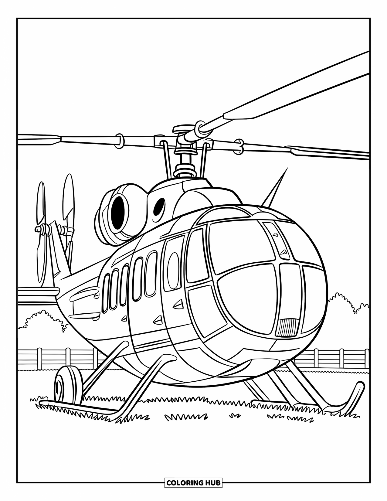 Desenho de helicóptero para colorir para crianças: Um helicóptero de corpo redondo dos anos 1960 com uma cabine de cúpula de vidro está estacionado em um campo gramado