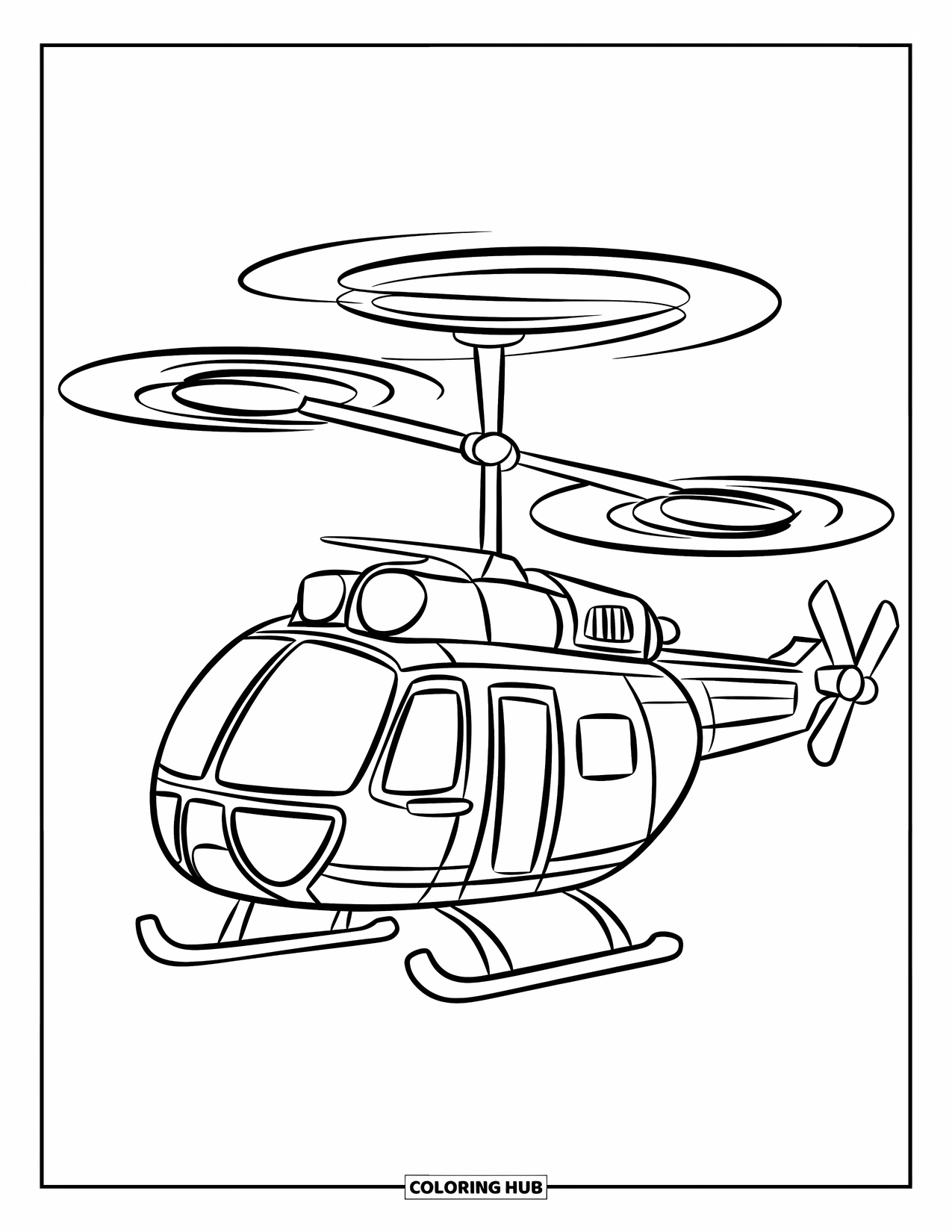 Desenho de helicóptero para colorir para crianças: Um helicóptero simples com contornos ousados, rotores circulares e uma porta lateral, pronto para decolar