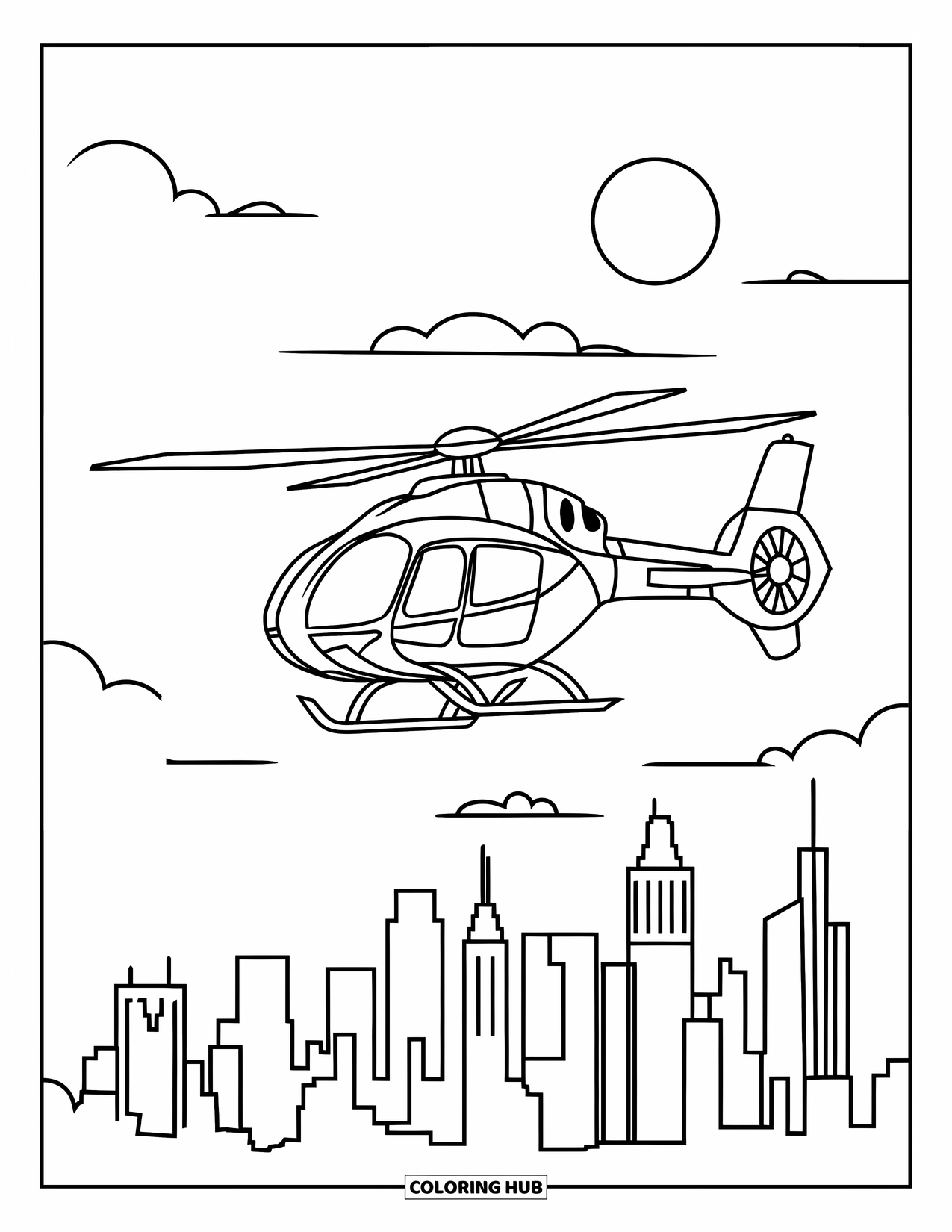 Desenho de helicóptero para colorir para crianças: Um helicóptero elegante voa acima do horizonte da cidade com o sol se pondo ao fundo