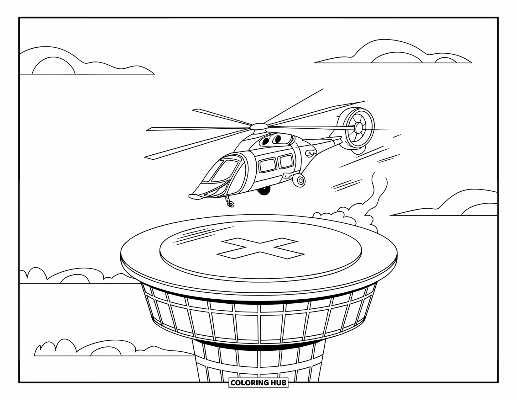 Desenho de helicóptero para colorir para crianças: Um helicóptero elegante com uma cabine em forma de bolha pousa em um heliponto marcado com um grande "X"