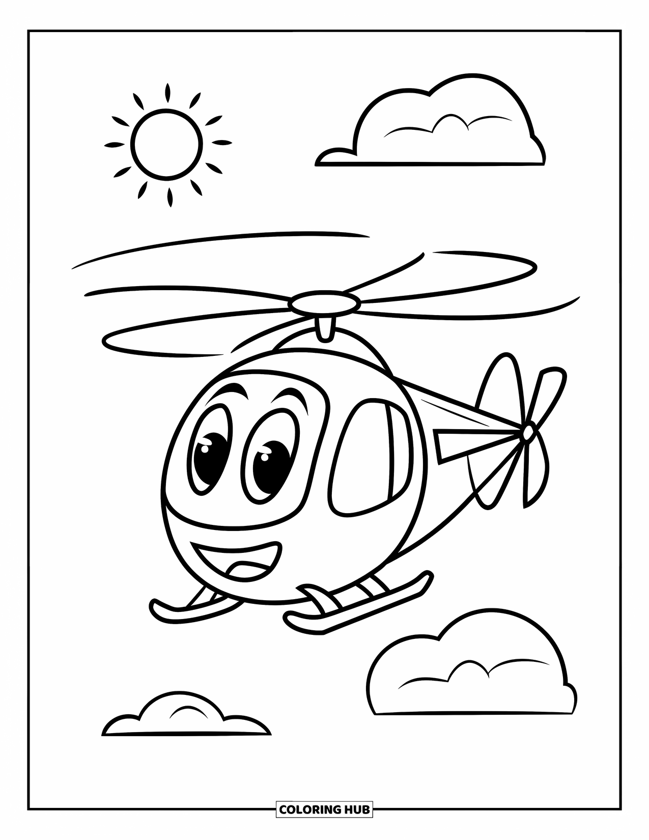 Desenho de helicóptero para colorir para crianças: Um helicóptero sorrindo voando pelo céu, com um pequeno sol e nuvens fofas